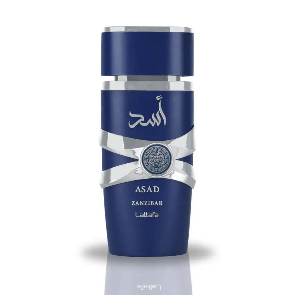 ASAD ZANZIBAR EAU DE PARFUM BY LATTAFA PERFUMES 100ml blue bottle with silver accents