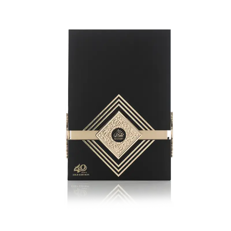 Elegant black packaging for Madawi Gold Edition Eau de Parfum, featuring gold accents and intricate design.