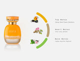 LA FEDE AURA MANGA SPLASH EAU DE PARFUM bottle showcasing top, middle, and base notes, including mango and vanilla.