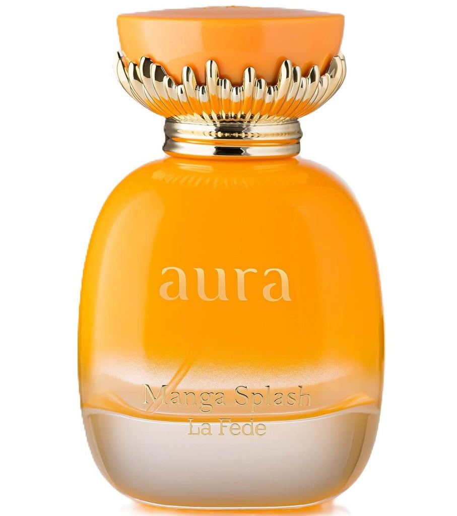 Eau de Parfum La Fede Aura Manga Splash by Khadlaj, 100ml bottle with vibrant orange design.