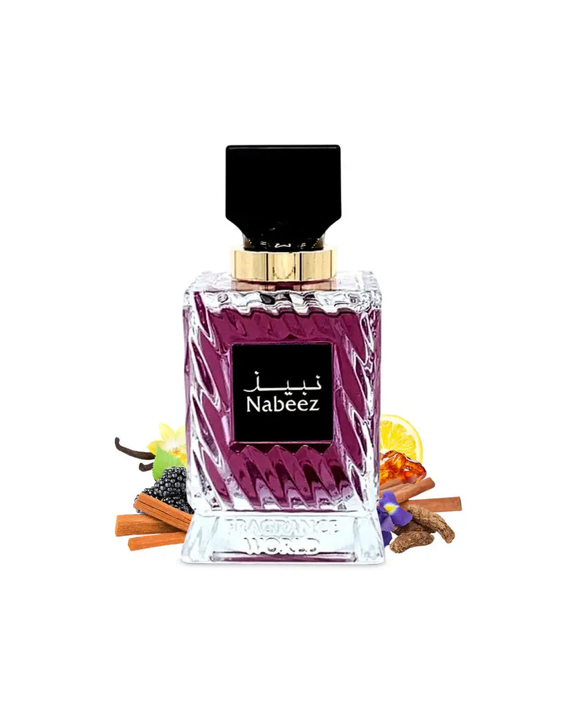 Nabeez EDP by Fragrance World in a stylish bottle with rich notes of bergamot, spices, and fruits, 100ml.