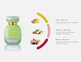 LA FEDE AURA PISTA DESSERT EAU DE PARFUM bottle with fragrance notes: top, heart, and base notes displayed.
