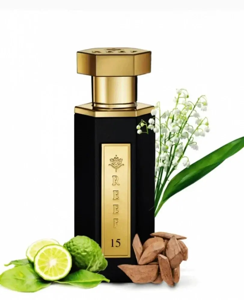 REEF 15 PARFUME 100ml EAU DE PARFUM bottle with bergamot, white flowers, and oud wood accents.