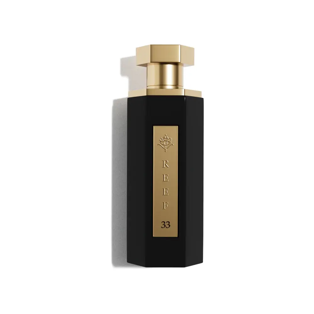 Reef 33 Perfume 100ml Eau de Parfum bottle, luxurious unisex fragrance with saffron and oud, elegant design.