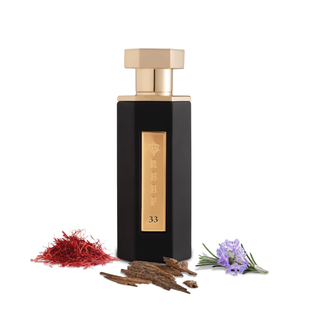 Reef 33 perfume 100ml bottle with saffron, oud, and rosemary, unisex luxury fragrance.