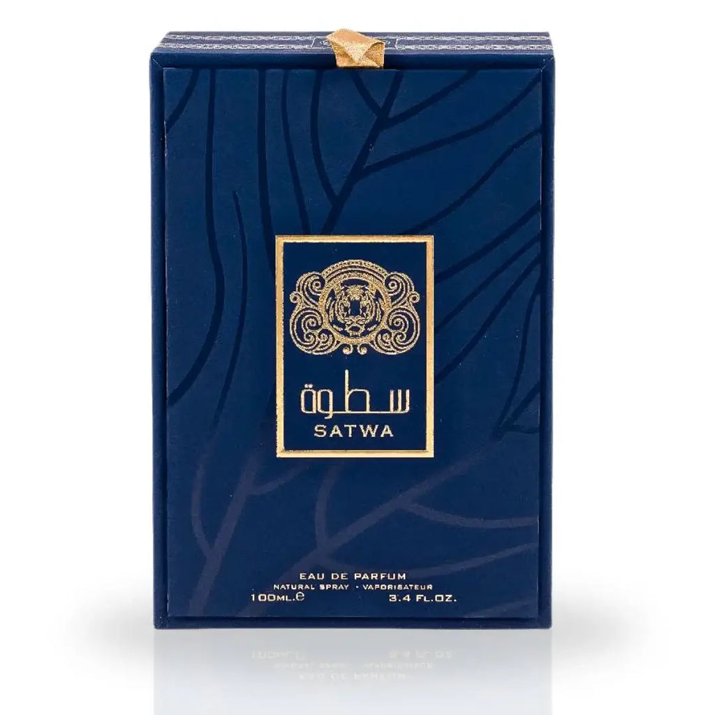 SATWA EDP Spray 100ml by Ard Al Zaafaran, luxurious blue packaging with golden accents.