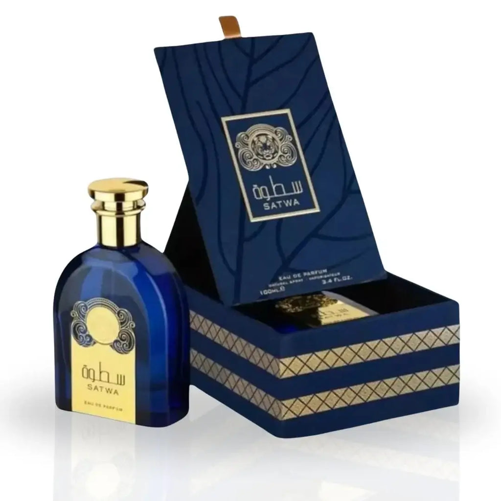 SATWA EDP Spray 100ml by Ard Al Zafaran in a luxurious blue bottle with ornate packaging.