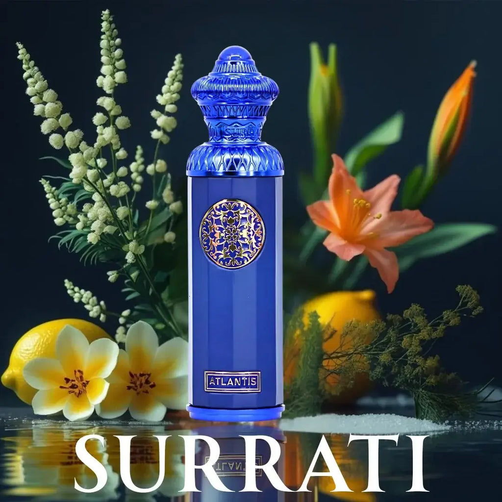 Atlantis by Surrati Eau de Parfum 140ml bottle surrounded by flowers and citrus, showcasing aquatic and fresh fragrance notes.