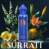 Atlantis by Surrati Eau de Parfum 140ml bottle surrounded by flowers and citrus, showcasing aquatic and fresh fragrance notes.