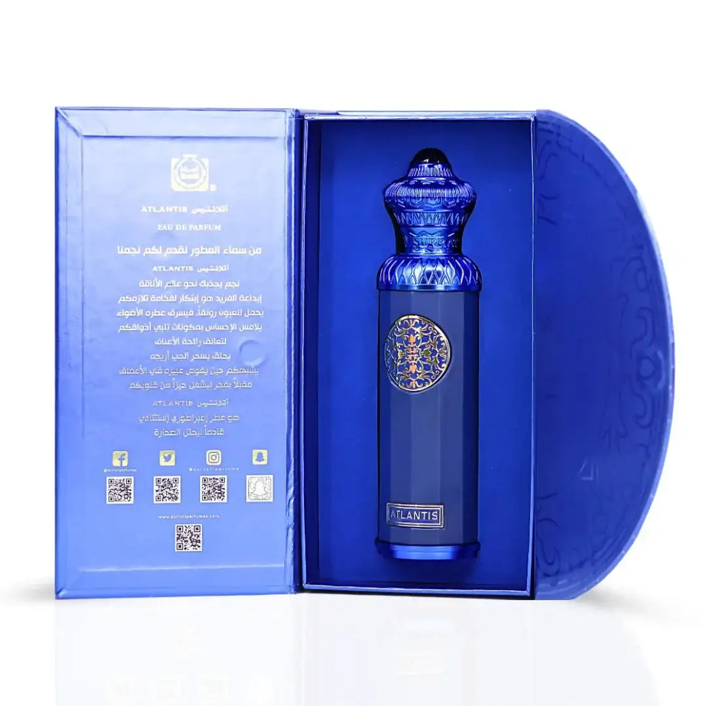 Atlantis by Surrati Heritage Collection EDP in blue box, showcasing luxury Arabic perfume, 140ml bottle.