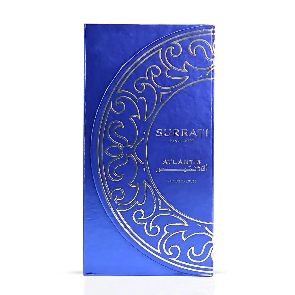 Atlantis by Surrati Heritage Collection Eau de Parfum box, luxurious blue packaging with golden details, 140ml.