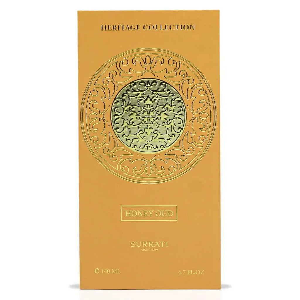 Honey Oud by Surrati Heritage Collection EDP packaging, 140ml, featuring ornate design and luxurious appeal.