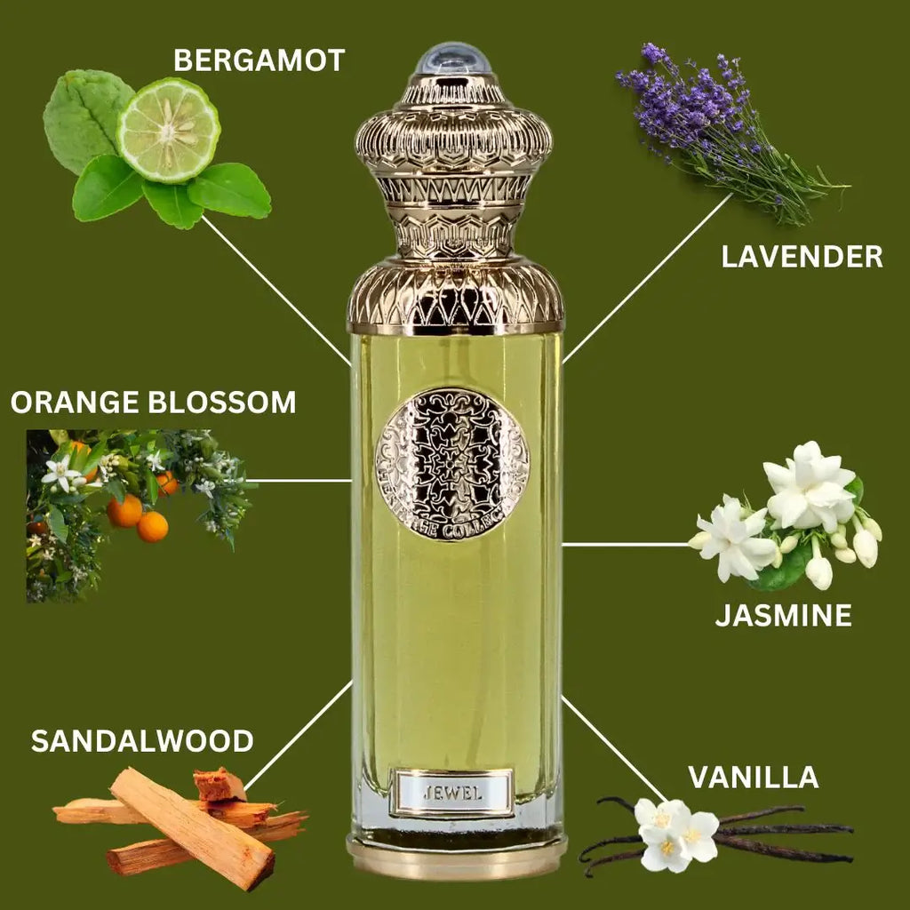 Jewel by Surrati Heritage Collection EDP 140ml with notes of bergamot, lavender, orange blossom, jasmine, sandalwood, and vanilla.