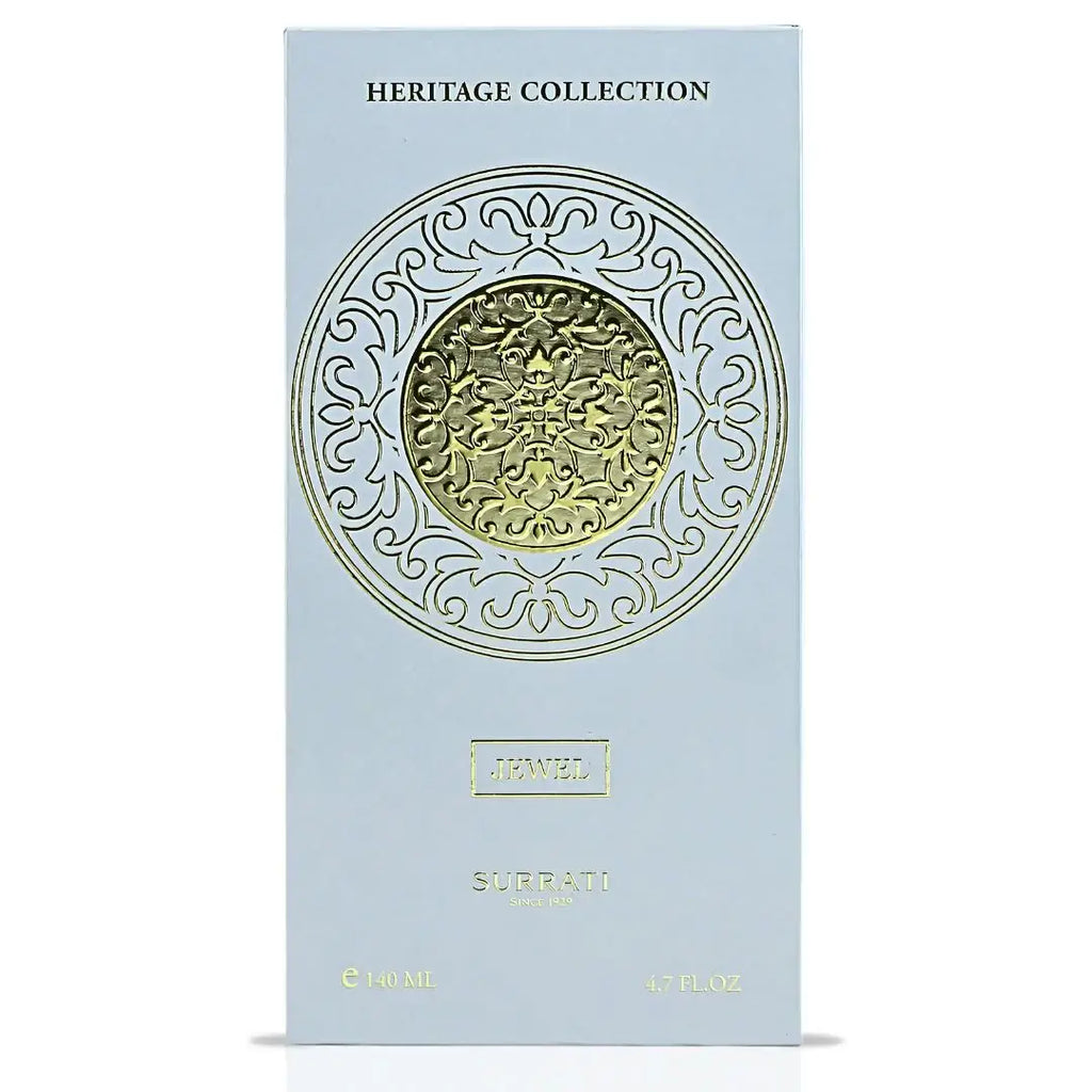 Jewel by Surrati Heritage Collection Eau de Parfum 140ml packaging with ornate gold design.