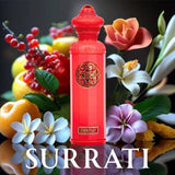 Omniyat by Surrati Heritage Collection EDP 140ml bottle, surrounded by colorful fruits and flowers, showcasing elegance.