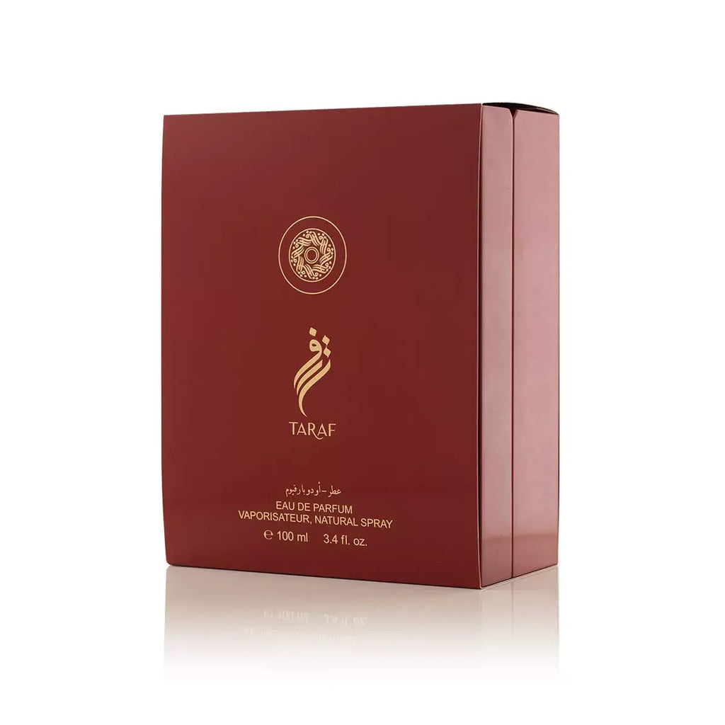 TARAF 100ml Eau de Parfum by Arabian Oud, luxurious packaging design, elegant red box with gold accents.