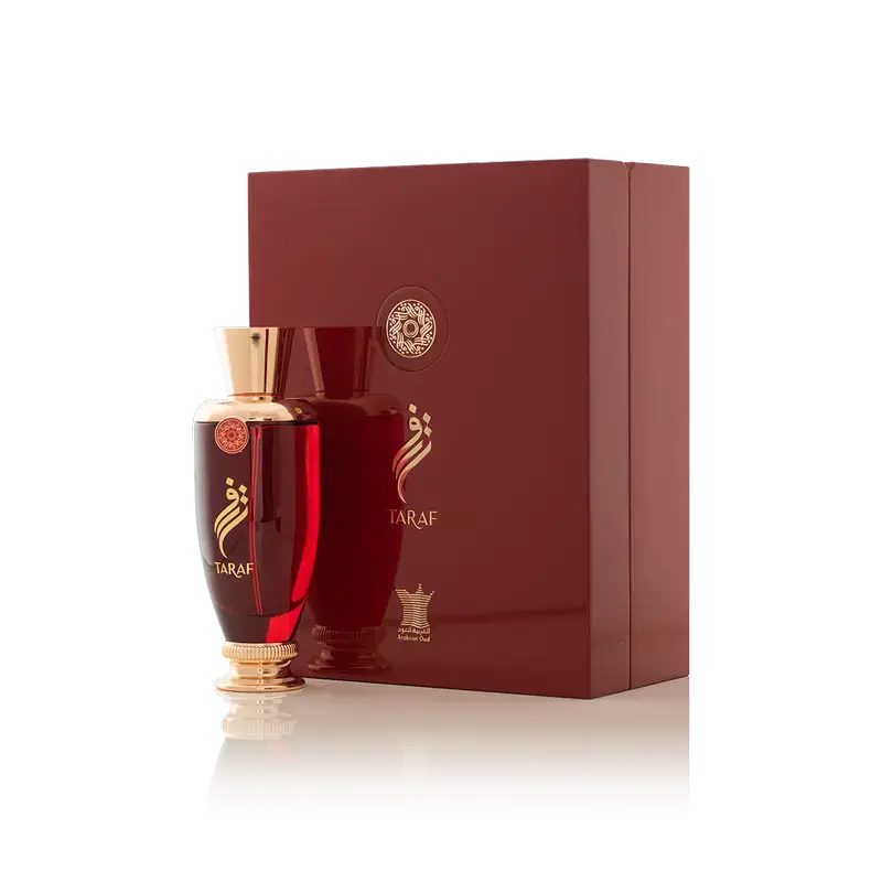 TARAF 100ml Eau de Parfum by Arabian Oud in elegant red packaging, symbolizing luxury and sophistication.