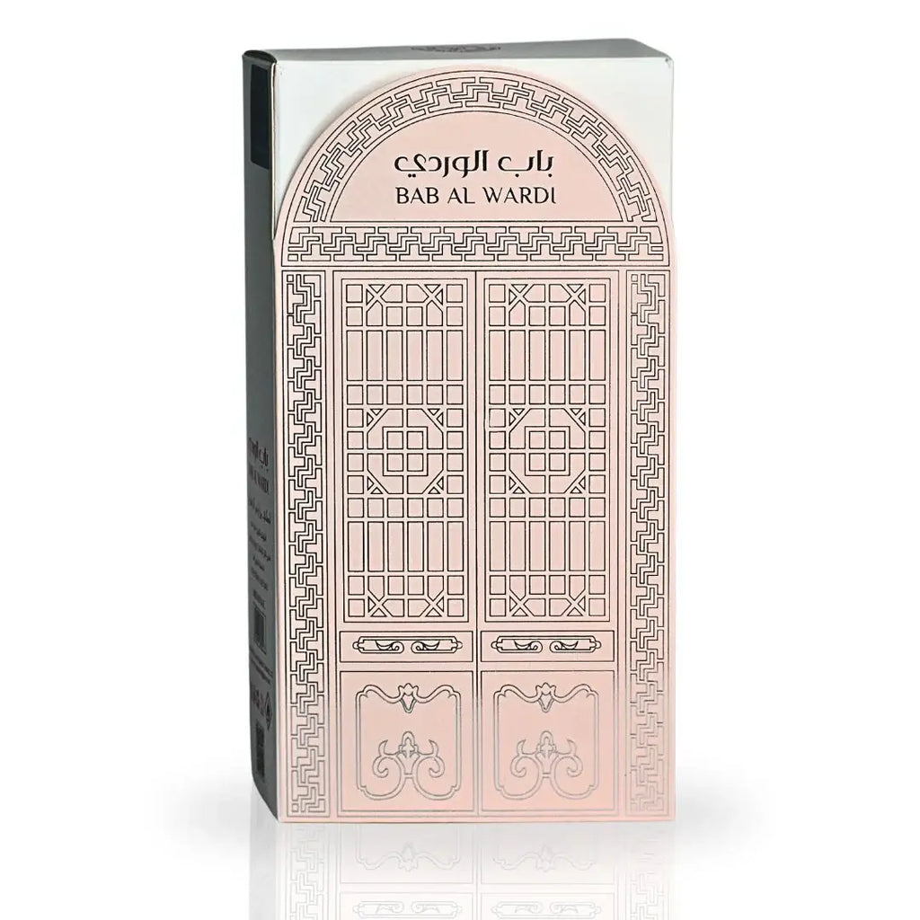 Elegant packaging of BAB AL WARDI EDP 100ml by Ard Al Zaafaran featuring intricate door design.
