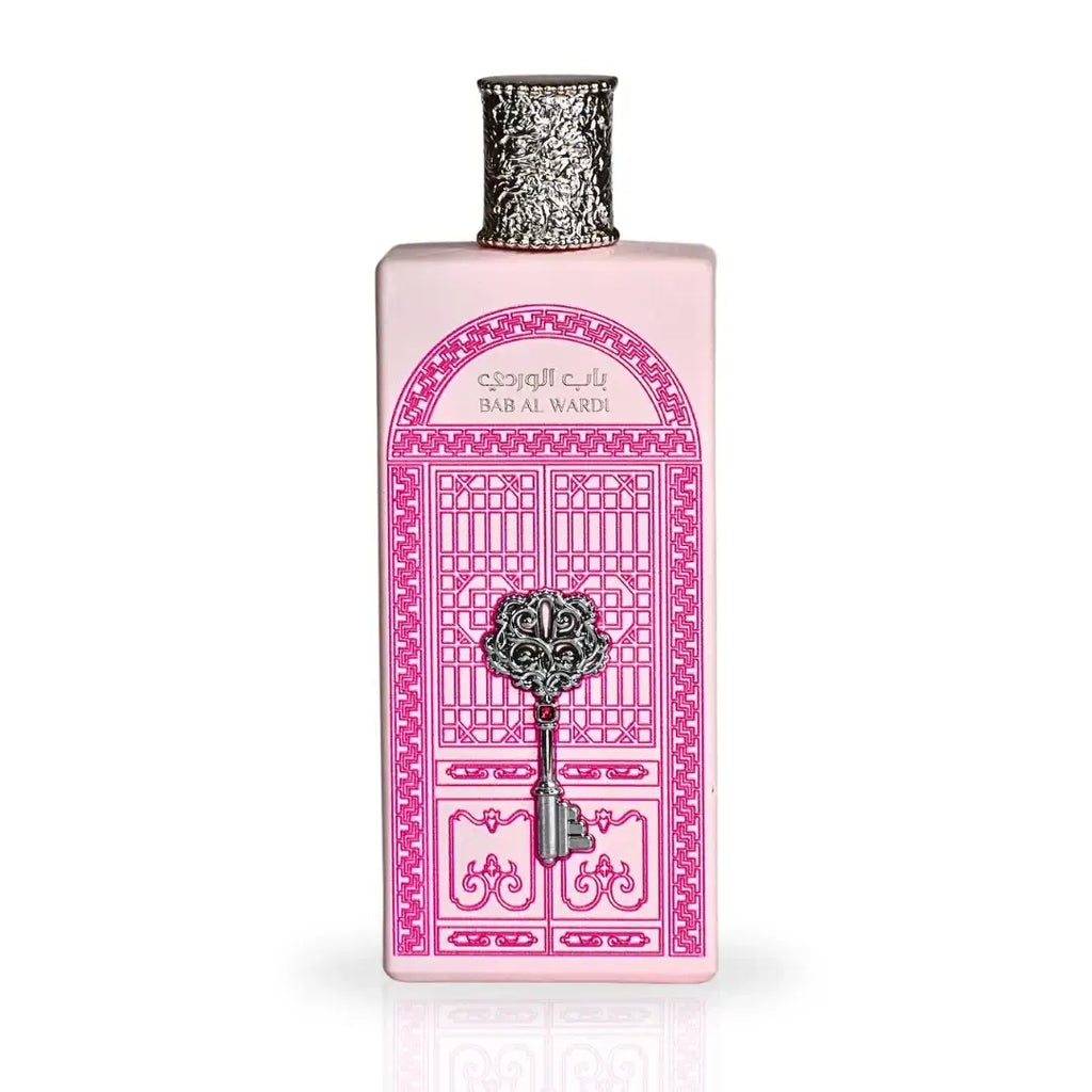 BAB AL WARDI 100ml EDP by Ard Al Zafaran with an ornate pink design and silver accents.