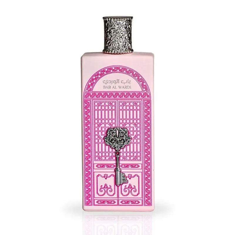 BAB AL WARDI 100ml EDP by Ard Al Zafaran with an ornate pink design and silver accents.