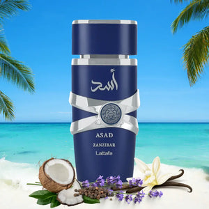 ASAD ZANZIBAR EAU DE PARFUM BY LATTAFA PERFUMES 100ml bottle set against a tropical beach background with coconut, lavender, and vanilla flowers.