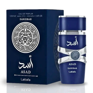 ASAD ZANZIBAR EAU DE PARFUM BY LATTAFA PERFUMES 100ml bottle and box, with intricate design and luxurious packaging.