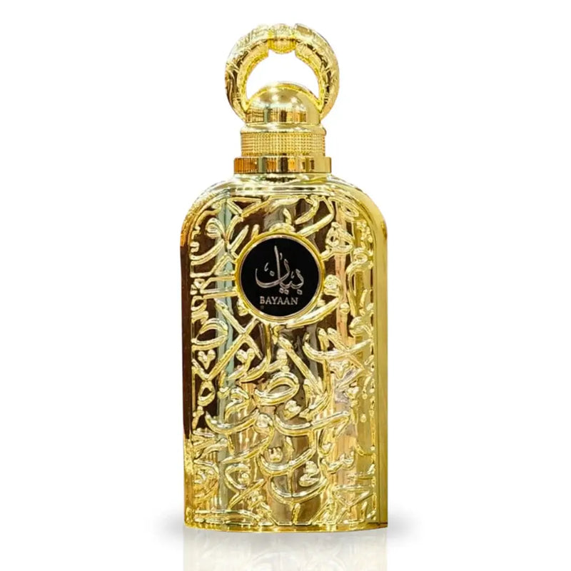 Luxurious Bayaan EDP 100ml by Lattafa Perfumes in ornate gold bottle, showcasing enchanting floral fruity gourmand fragrance for women.