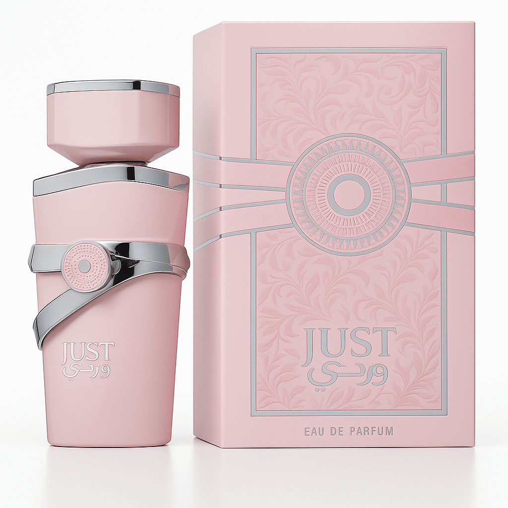 Just Wardi EDP perfume bottle and packaging in pastel pink, featuring an elegant design for women.