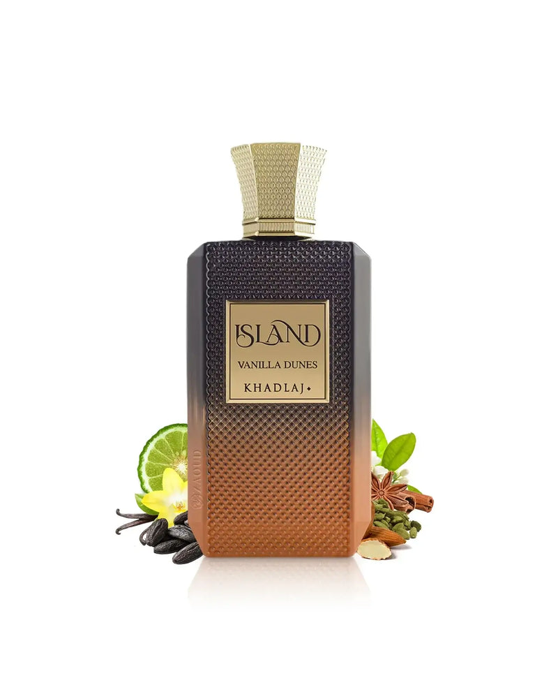 Island Vanilla Dunes Eau de Parfum by Khadlaj 100ml bottle with colorful spices and vanilla backdrop.