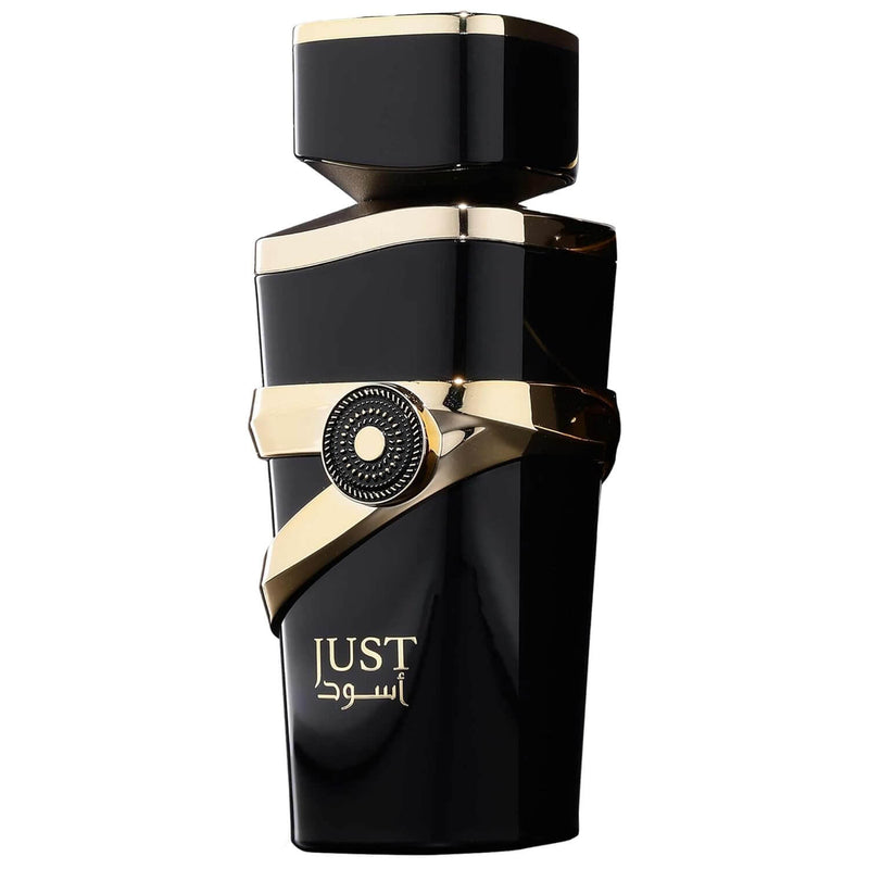 Just Aswad by Fragrance World - Eau De Parfum 100ml (3.4 fl oz) bottle for men with luxurious black and gold design.