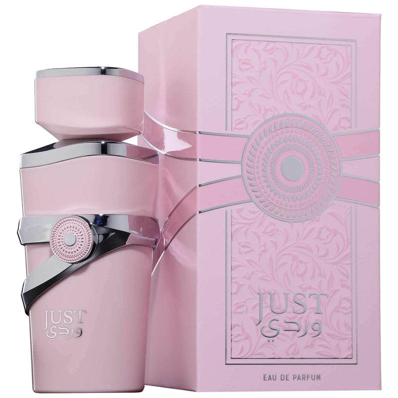Just Wardi EDP perfume by Fragrance World 100ml, stylish pink bottle and box, luxurious oriental floral fragrance for women.