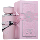 Just Wardi EDP perfume by Fragrance World 100ml, stylish pink bottle and box, luxurious oriental floral fragrance for women.