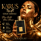 KARUS GOLD ABSOLU BY KHADLAJ EAU DE PERFUME - 3.4oz/100 ml in a golden aesthetic.
