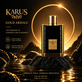 KARUS GOLD ABSOLU BY KHADLAJ EAU DE PERFUME - 3.4oz/100 ml bottle against a golden background, symbolizing elegance and strength.