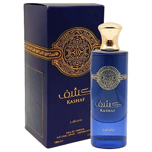 KASHAF EAU DE PARFUM 100ml by LATTAFA PERFUMES, blue bottle with matching box featuring intricate gold designs