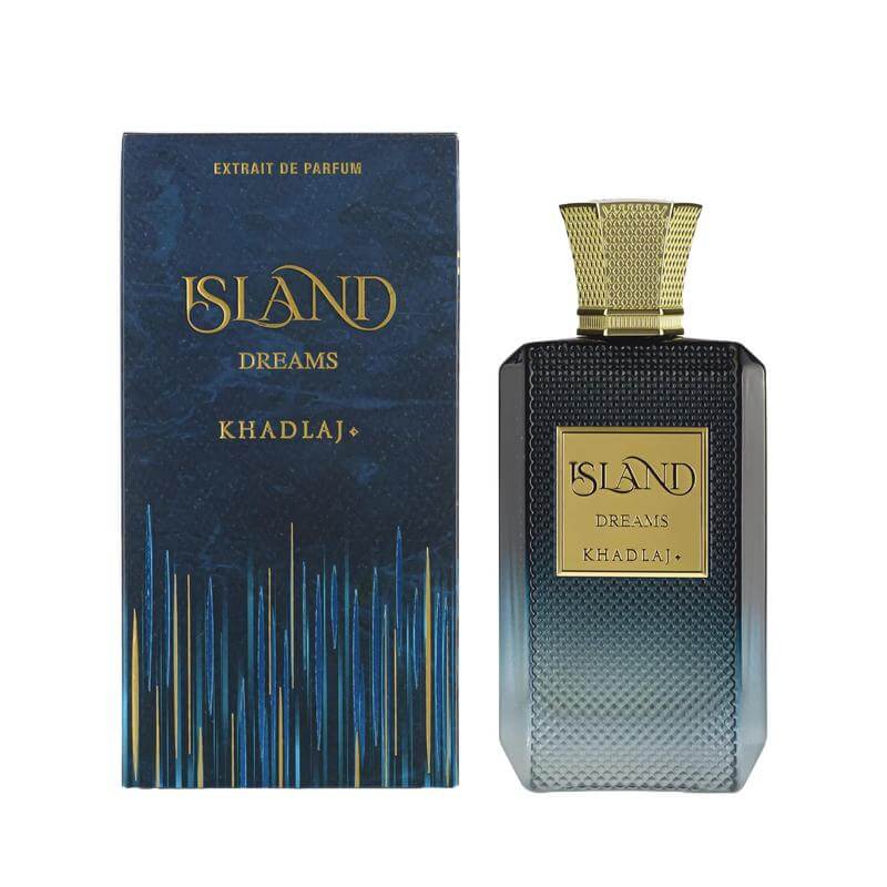 KHADLAJ ISLAND DREAMS EXTRAIT DE PERFUME (3.4oz/100 ml) bottle and box against a blue background.