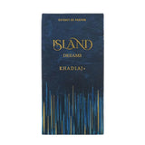 KHADLAJ ISLAND DREAMS EXTRAIT DE PERFUME (3.4oz/100 ml) elegant packaging design on a blue background.