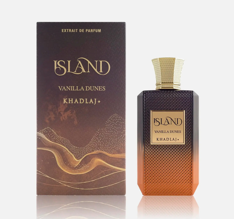 Island Vanilla Dunes Eau de Parfum by Khadlaj 100ml bottle and packaging on a white background.