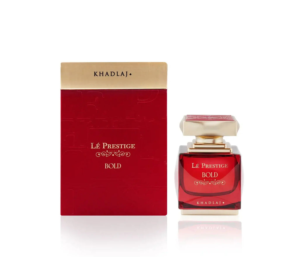 KHADLAJ LÉ PRESTIGE BOLD EAU DE PERFUME (3.4oz/100 ml) in elegant packaging alongside the bottle.