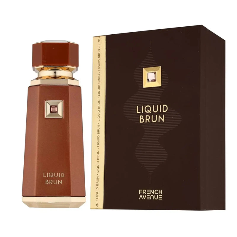 FRENCH AVENUE LIQUID BRUN EAU DE PARFUM BY FRAGRANCE WORLD 100ml (3.4oz) bottle and packaging.