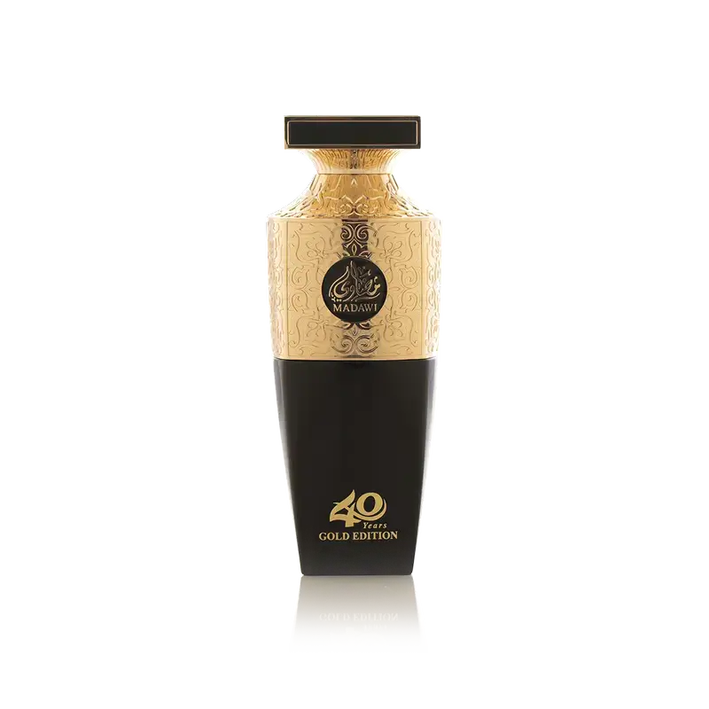 Madawi Gold Edition Eau de Parfum bottle by Arabian Oud in elegant black and gold design.