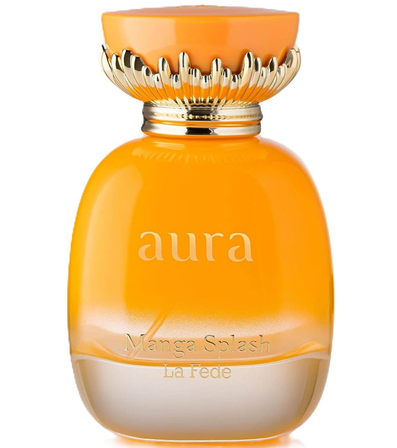 Eau de Parfum La Fede Aura Manga Splash by Khadlaj, 100ml bottle with vibrant orange design.