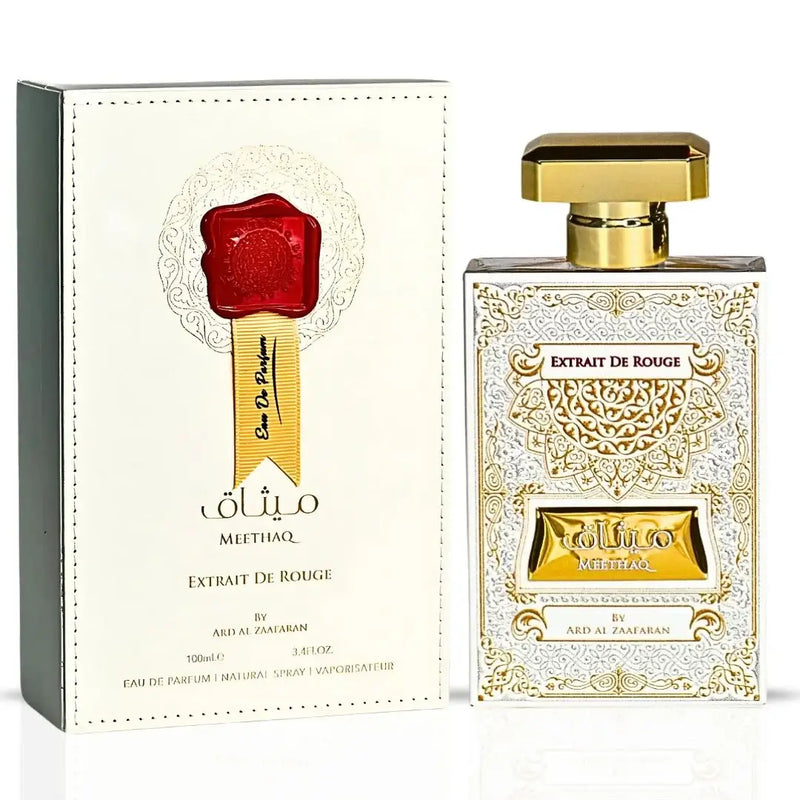 MEETHAQ EXTRAIT DE ROUGE EDP 100ml BY ARD AL ZAAFARAN perfume bottle and packaging with elegant design.