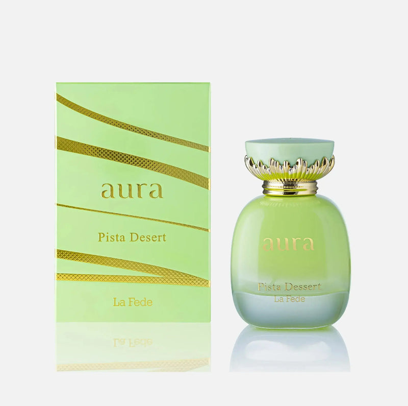 LA FEDE AURA PISTA DESSERT EAU DE PARFUM 100ml bottle and packaging by Khadlaj Perfumes.