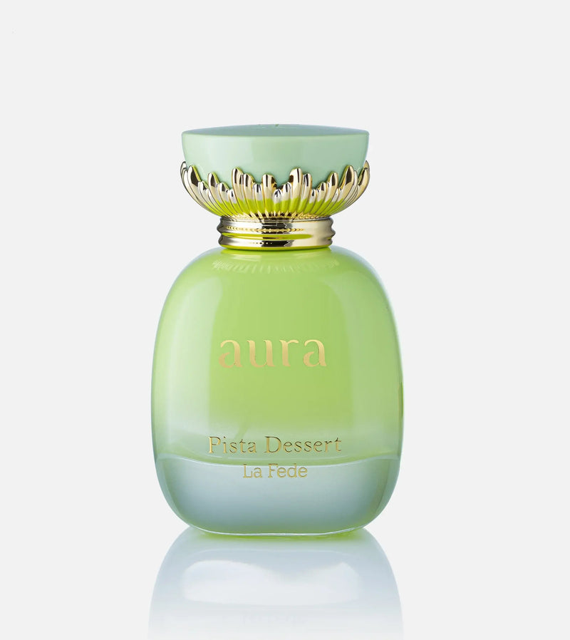 LA FEDE AURA PISTA DESSERT EAU DE PARFUM 100ml bottle by Khadlaj Perfumes in elegant green design.