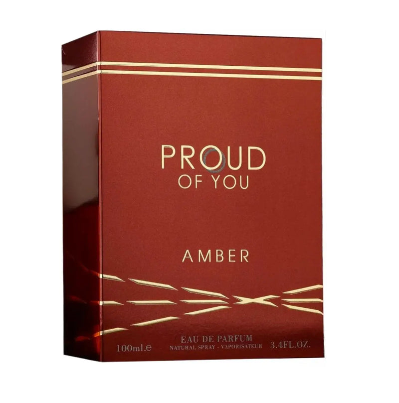 Proud of You Amber EDP Perfume 100ml by Fragrance World packaging in elegant red box.
