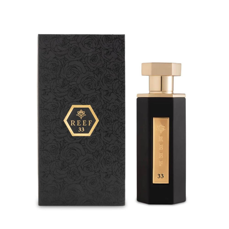 Reef 33 Perfume 100ml Eau de Parfum with saffron and oud in elegant black packaging.