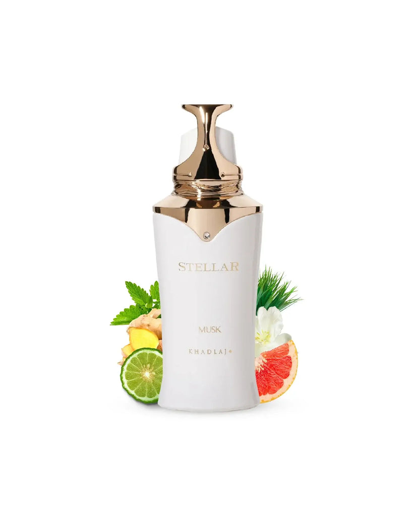 STELLAR MUSK EAU DE PERFUME BY KHADLAJ PERFUMES 100 ml bottle with fruits background