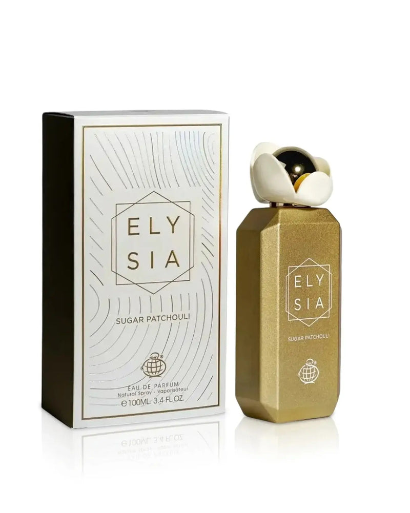ELYSIA SUGAR PATCHOULI EAU DE PARFUM BY FRAGRANCE WORLD 100ml (3.4oz) with gold bottle and packaging.