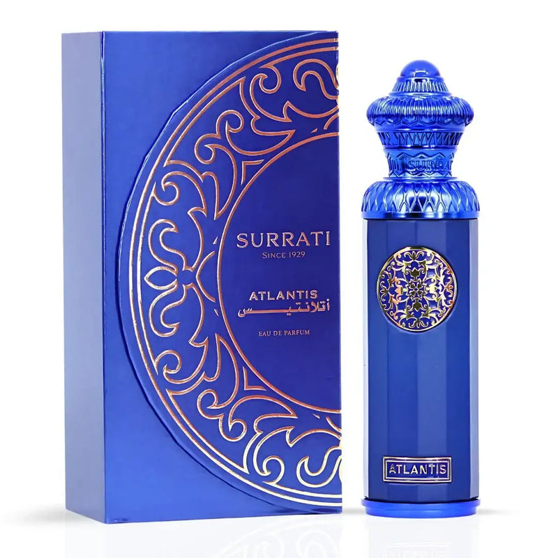 Atlantis by Surrati Eau de Parfum 140ml packaging and bottle, showcasing a luxury unisex fresh aquatic fragrance.